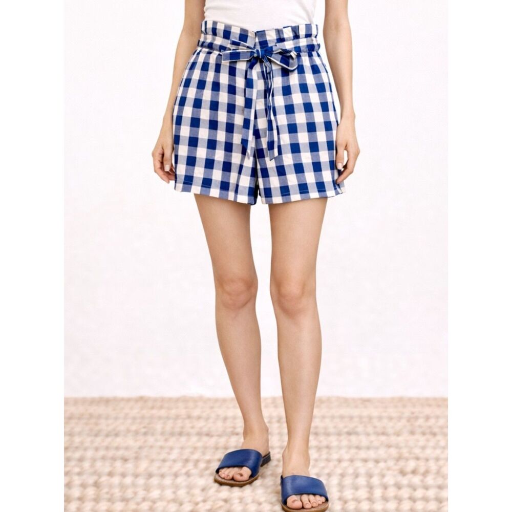 NWT Joie Gingham Shorts Blue & White Check Cotton Paper Bag Waist Size XL NEW
